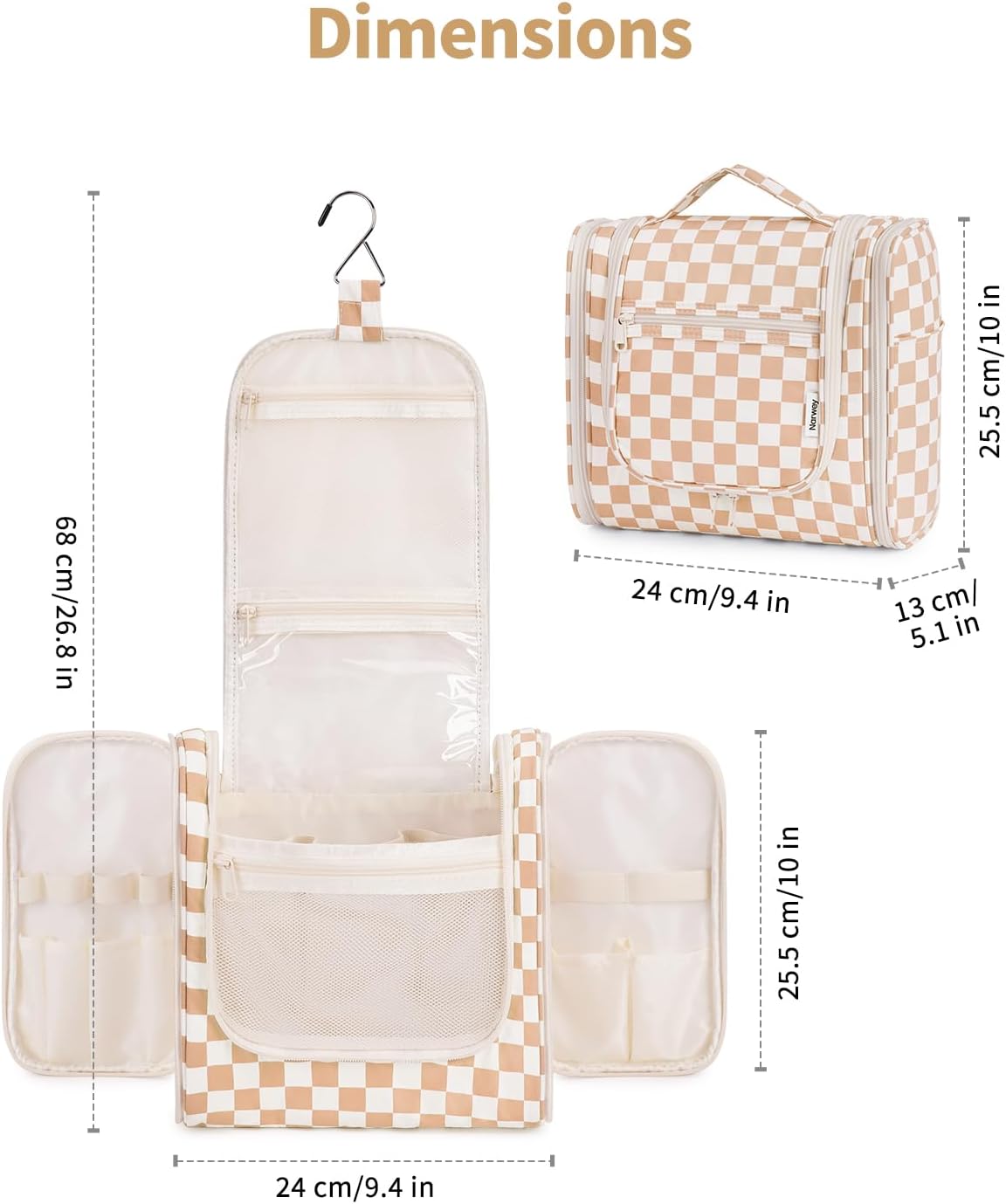Narwey Checked Hanging Travel Toiletry Bag for Women, Travel Bag for Toiletries, Makeup Bag Organizer Cosmetic Bags Make Up Bags for Women (Light Checkerboard)