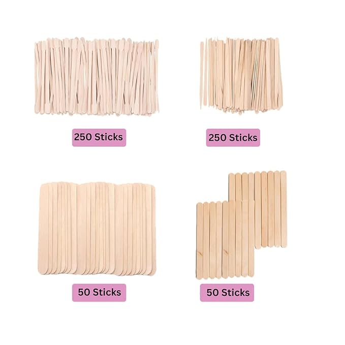 Mibly 4 Style Pack of 600 Assorted Wooden Wax Sticks for Body Legs Face and Small Medium Large Sizes Eyebrow Waxing Applicator Spatulas for Home and Spa Usage (Assorted Pack of 600)