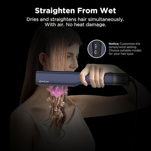 IG INGLAM Air Straightener, Style From Wet Hair, 2.2" Dryer Straightener, 200M Negative Ionic, One-Step Air Straight for Medium and Long Hair (14"-30"), Prussian Blue