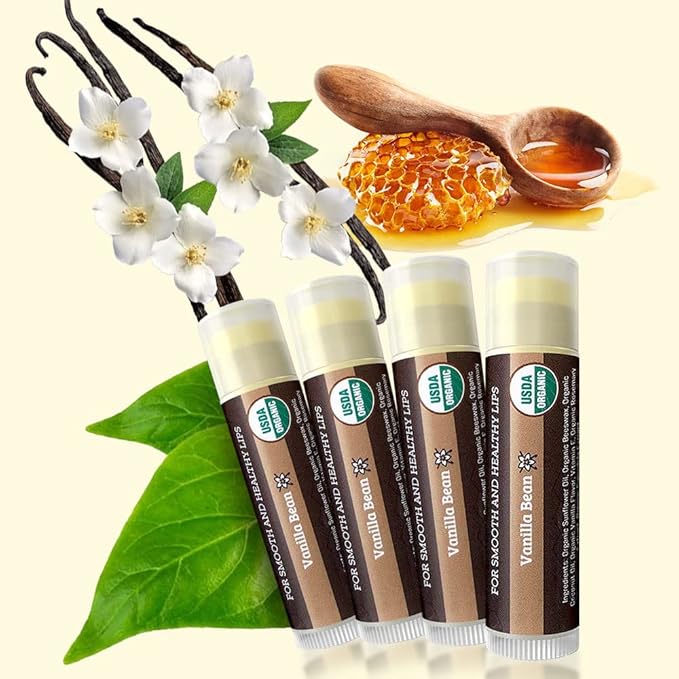 USDA Organic Lip Balm 4-Pack by Earth's Daughter - Vanilla Flavor, Beeswax, Coconut Oil, Vitamin E - Best Lip Repair Chapstick for Dry Cracked Lips.