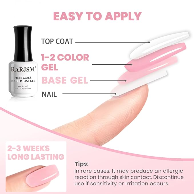 RARJSM Nude Sheer Pink Fiber Glass Rubber Base Gel Nail Polish for Repair Broken Nails StrengthenerGel Base Coat Transparent Brush on Building Gel in a Bottle Soak Off UV LED Curing Requires 15ml