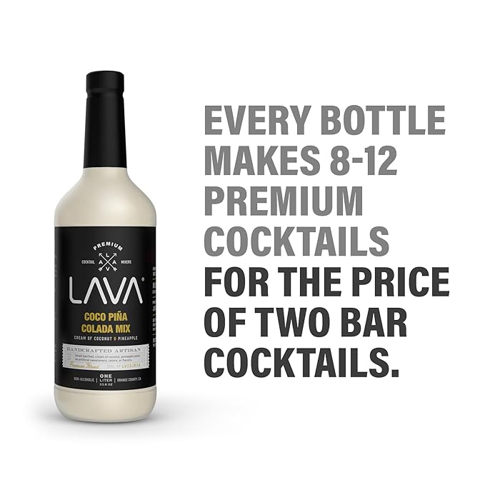 LAVA Premium Coco Pina Colada Made with Cream of Coconut and Real Pineapple, No Artificial Sweeteners or Flavors, 1-Liter (33.8oz) Glass Bottle.