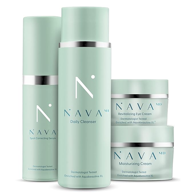 NAVA MD Clinical Skincare System | Cleanser, Serum, Moisturizer, Eye Cream | Developed By Doctors and Scientists | Promote Healthy, Youthful Skin | Contains Aquabeautine XL