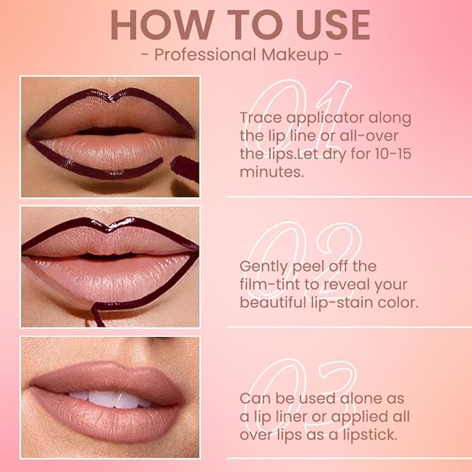 Matte Liquid Lip Stain Peel Off Lip liner Tattoo, Brown Matte Peel Off Lip Stain, Long Lasting Waterproof Lipstick Lip Gloss Stain, Transfer-proof for All Skin Types, 0.12 fl oz 02#