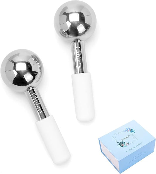 Facial Ice Roller by CIBLUTY- 2PC Stainless Steel Face Globes for Cold or Hot Skin Massagers Durable Unbreakable Globes with White Silicone Handle for Face and Body Fitness
