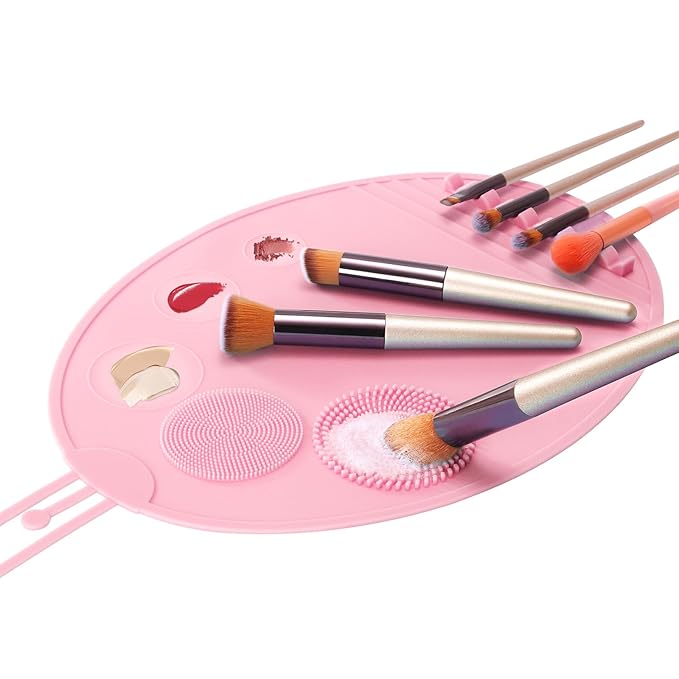 Makeup Palette, 3 in 1 Silicone Makeup Mat with Brush Cleaner and Vanity Protector Design for Mixing Foundation Eye Shadow Nail Art Gel, Cosmetic Brush Washing, Easy to Clean, Pink