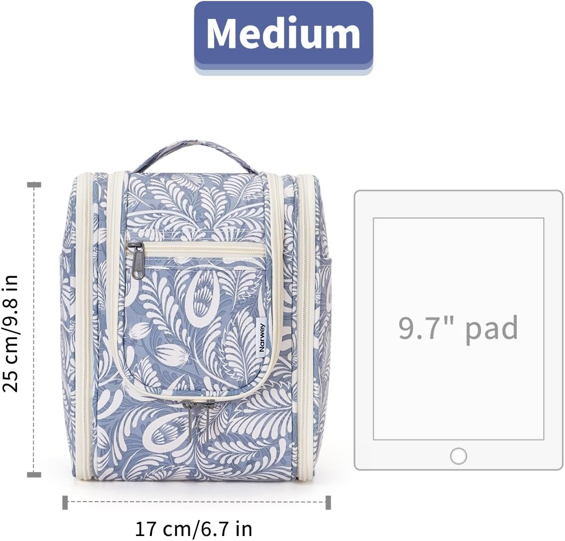 Narwey Small Hanging Toiletry Bag Women Travel Makeup Bag Organizer Toiletries Bag for Travel Size Essentials Accessories Cosmetics (Medium, Blue Leaf)