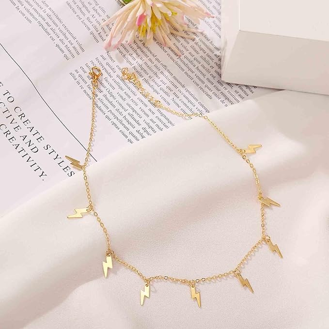 Boho Lighting Bolt Choker Necklace Gold Dangle Thunder Necklace Minimalist Collar Chain Necklace Weather Necklace Jewelry for Women and Girls