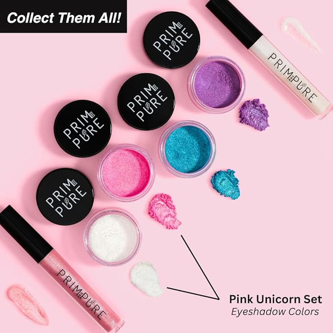 Prim and Pure Mineral Gift Set with Unicorn Mirror| Perfect for Play Dates & Birthday Parties | Kids Eyeshadow Makeup – Mineral Blush | Organic & Natural Makeup Kit for Kids| Made in USA (Pink)