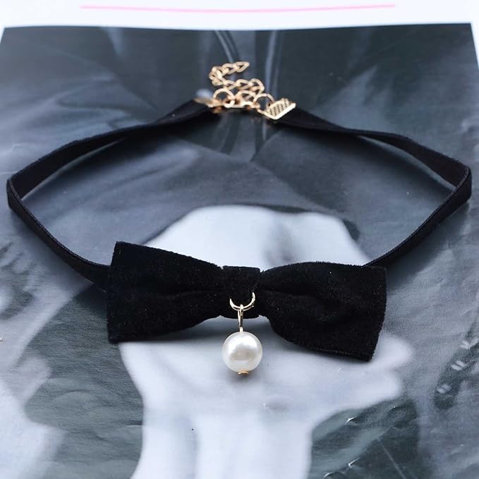 Vintage Satin Choker Necklace Pearl Pendant Necklace Black Bow Necklace Punk Leather Collar Necklace Chain Jewelry for Women and Girls