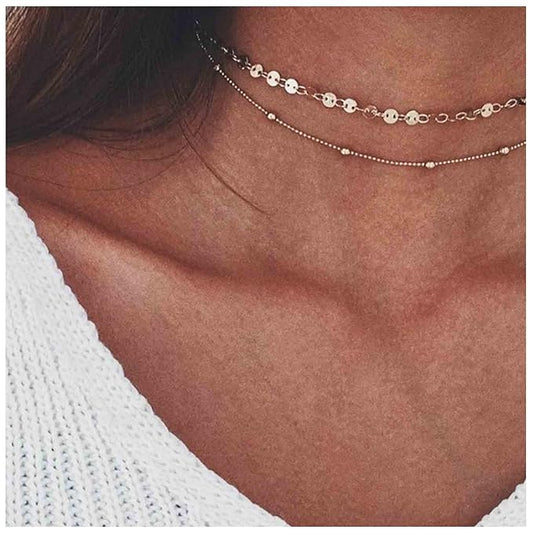Boho Layered Satellite Disc Choker Necklace Gold Sequin Disc Chain Necklace Vintage Double Layer Necklace Short Collarbone Necklace Chain Jewelry for Women and Girls Gift