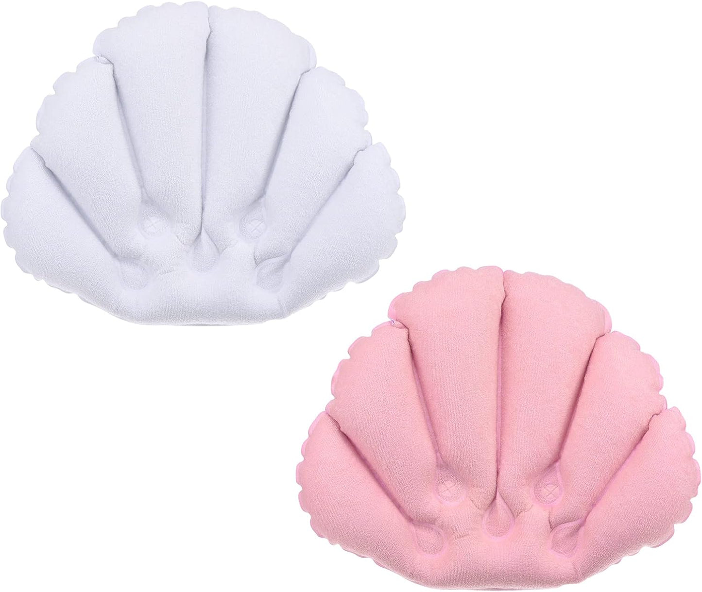 PATIKIL Inflatable Bath Pillow with Suction Cups, 2 Pack Terry Cloth Covered Shell Shape Soft Bath Spa Cushion Neck Support for Bathtub Hot Tub (Pink, White)