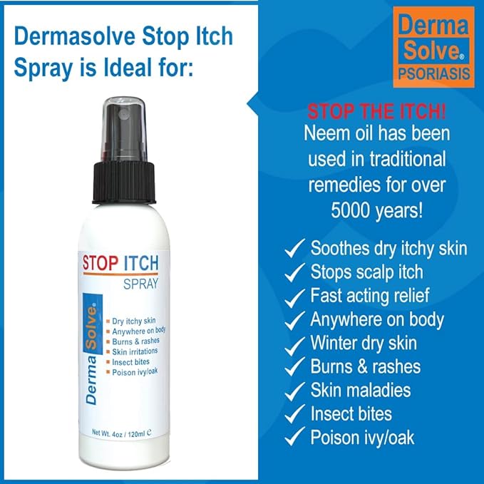 Dermasolve Stop Itch Spray with 100% Organic Neem Oil, Scalp and Body Psoriasis Relief, Dry Skin, Bites, Sunburn, Burns and Rashes