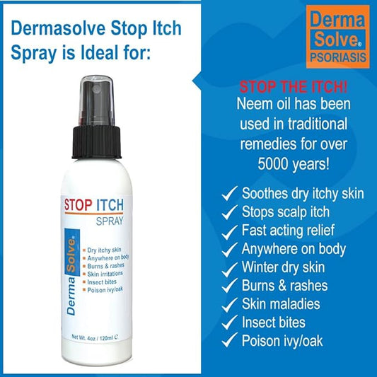 Dermasolve Stop Itch Spray with 100% Organic Neem Oil, Scalp and Body Psoriasis Relief, Dry Skin, Bites, Sunburn, Burns and Rashes