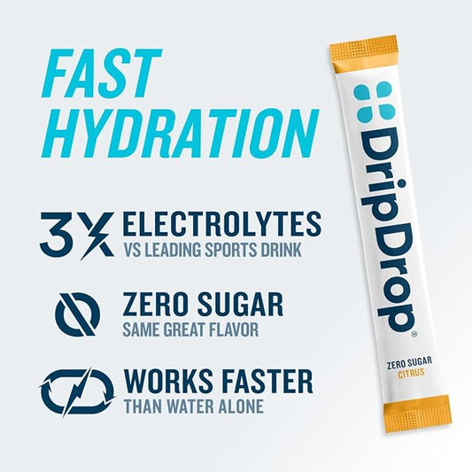DripDrop Sugar Free Hydration Packets - Zero Citrus Variety Pack - Single Serve Electrolytes Powder Drink Mix - Cherry Limeade, Citrus, Orange, Strawberry Lemonade - Non-GMO, Gluten Free - 16 Sticks