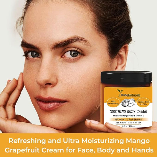 RaGaNaturals Natural Mango Butter Body Cream for Dry Skin for Women, Men - Tropical Plant-Based Hydrating Moisturizer with Avocado Oil and Vitamin E - Non-Greasy, Vegan, Cruelty-Free, Smell Good -8 Oz