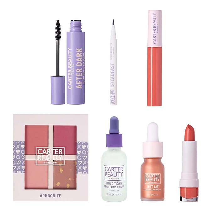 Carter Beauty Make Up Edit Giftbox - Makeup Must Haves - Creates Perfect Eye And Face Looks - Includes Mascara, Eyeliner, Lipstick, Primer, Blush Palette - Vegan And Paraben Free - 7 Pc Gift Set