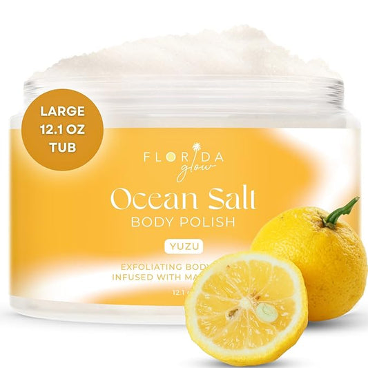 Sea Salt Body Scrub by Florida Suncare - Ocean Salt Body Polish Infused with Marine Algae - Exfoliating Face and Body Scrub - Facial Scrub Exfoliator to Tackle Acne and Scars (Yuzu, 12.1 oz)