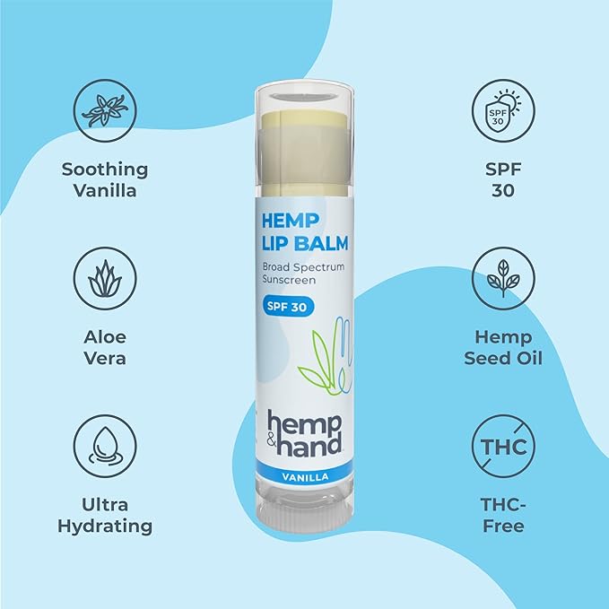 Organic Vanilla Hemp Lip Balm with Beeswax, Coconut Oil and Vitamin E - SPF 30 (2-Pack) - by Hemp and Hand