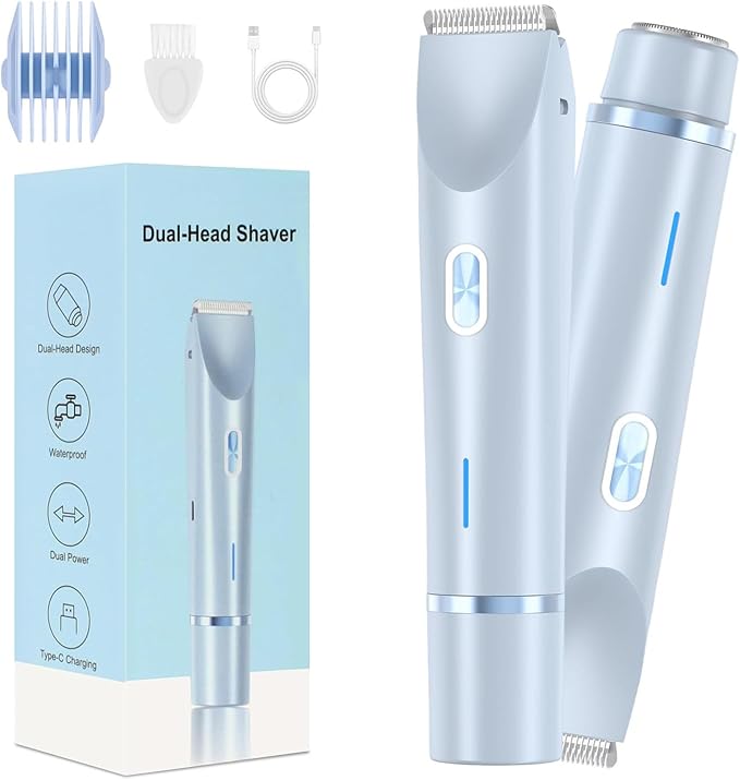 Dermave Bikini Shaver,2 in 1 Dual Head Bikini Trimmer & Body Shaver, Painless Hair Removal with Silky Glow Finish, Cordless & Waterproof Electric Trimmer for Women,Blue