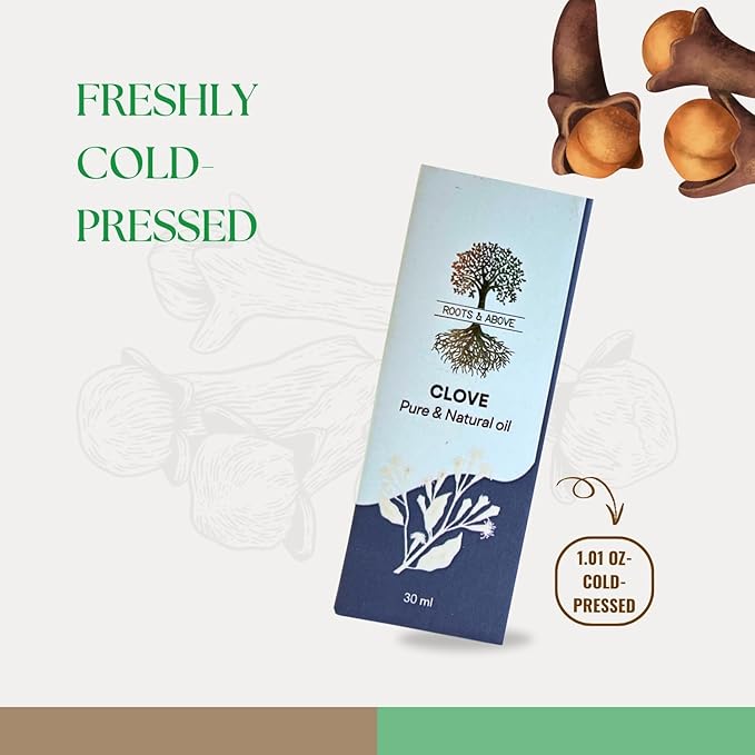 Roots & Above Clove Essential Oil 1.01 oz/30ml Pure Natural Cold-Pressed Oils for Skin, Hair, Massage, Diffusers, Humidifiers, DIY Beauty, Home Candle Making & Self-Care
