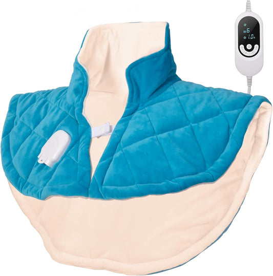 Heating Pad for Neck and Shoulders and Back, Weighted Electric Heat Pad for Pain Relief, Large Heated Wrap, 6 Heat Settings, 6 Auto-Off, Gifts for Women Men Mom Dad(Blue M)