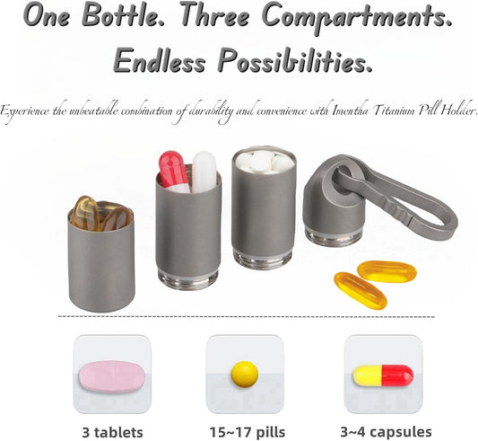 Titanium Keychain Pill Holder - Compact, Durable, and Waterproof 3-Compartment Small Pill Case - Portable and Versatile Medicine Container for Everyday Use and Travel (Titanium Grey)