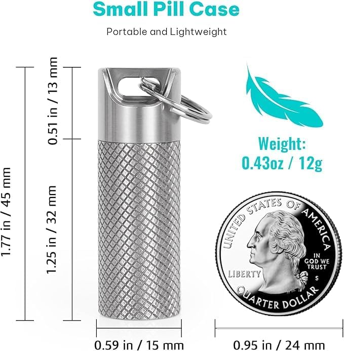 Small Titanium Pill Case Keychain - IPX7 100% Waterproof, Extreme Temp Resistant, Large Capacity, Double O-Ring Seal for Theaters & Travel (2PC)
