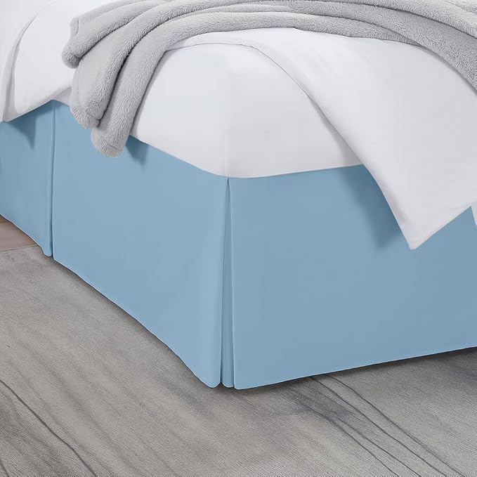 King Bed Skirt, Luxury 12 Inch Drop Light Blue Pleated Bed Skirt, Double Brushed Microfiber, Box Pleat Design, Wrinkle & Fade Resistant, Easy Fit Tailored Bedskirt for King Size Beds