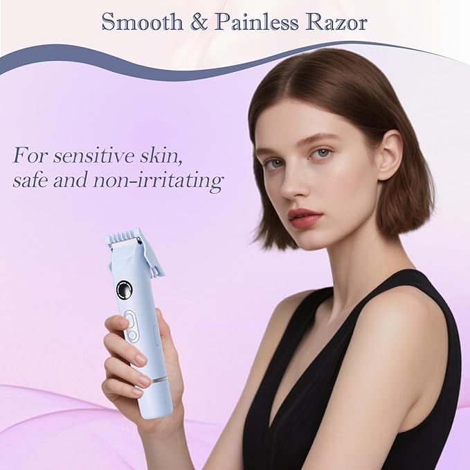 Upgrade Dermave Bikini Shaver, Dual Head 4 in 1 Bikini Trimmer for Women, IPX7 Waterproof Wet & Dry Use Electric Razor with Led Light and Display for Nose, Eyebrow, Bikini, Body (Blue)