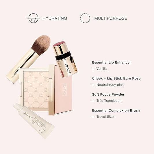 Jouer Les Must-Haves Gift Set - Translucent Setting Powder, Makeup Brush, Cream Blush & Lipstick Stick, and Lip Plumper Makeup Set - Valued at $99