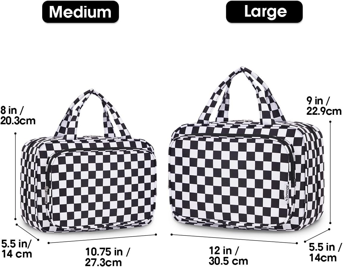 Narwey Travel Toiletry Bag for Women Large Hanging Makeup Bag Organizer Toiletries Bag for Full Size Essentials Accessories Cosmetics (Black Checkerboard (Large))