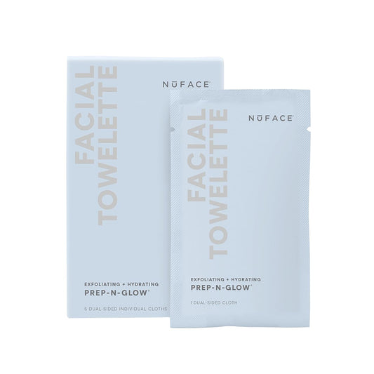 NuFACE Prep-N-Glow Facial Towelettes - 2-in-1 Exfoliating + Cleansing Makeup Remover Wipes, Hyaluronic Acid Travel Face Wipes to Hydrate & Brighten for Glowing Skin - 5 Individually Wrapped Cloths