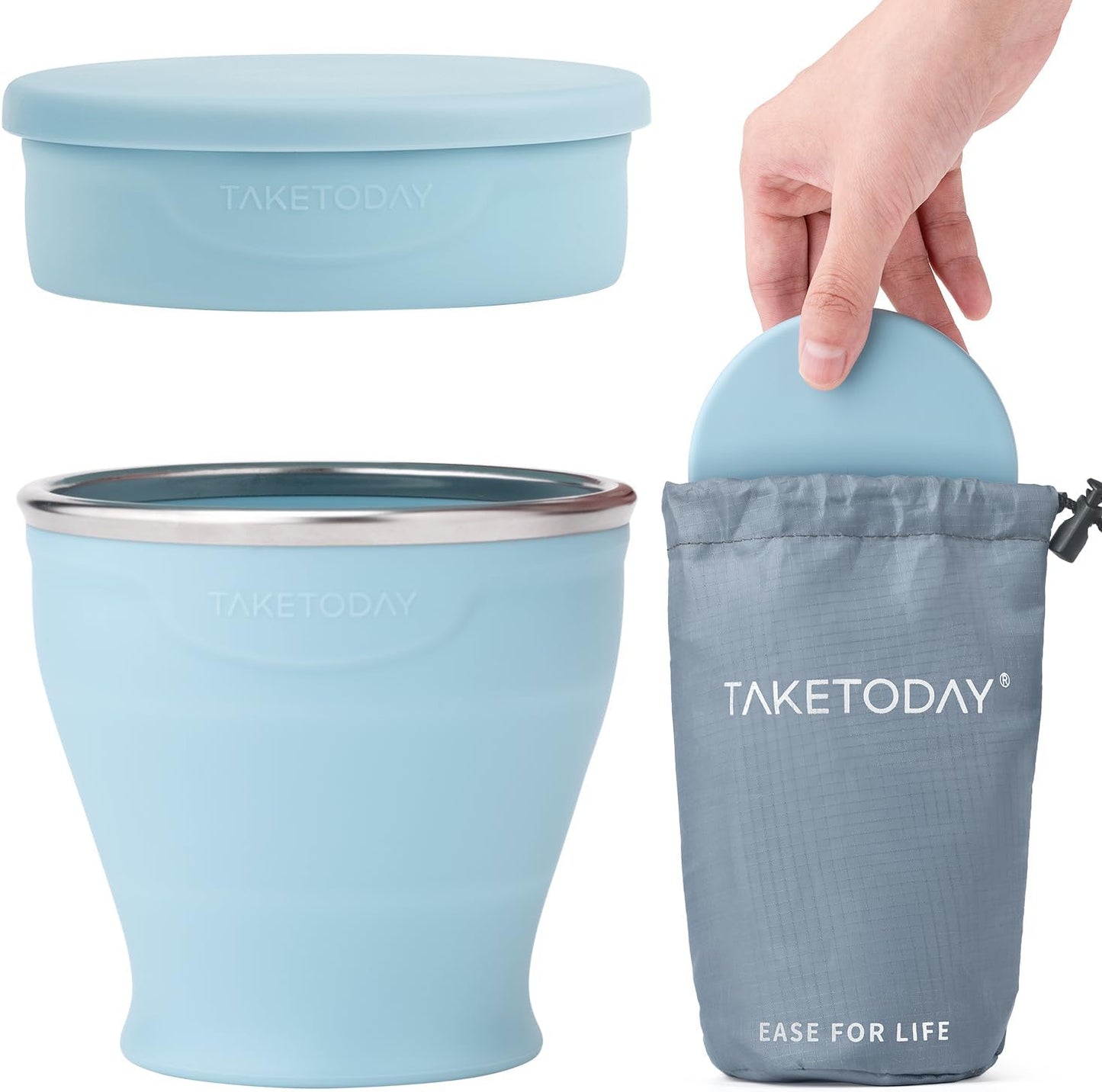 TakeToday Collapsible Travel Cup - Silicone Foldable Water Cup, BPA-Free with Lid & Waterproof Bag - Drinking Cup Set for Office, Camping & International Travel（8 Oz, Blue）