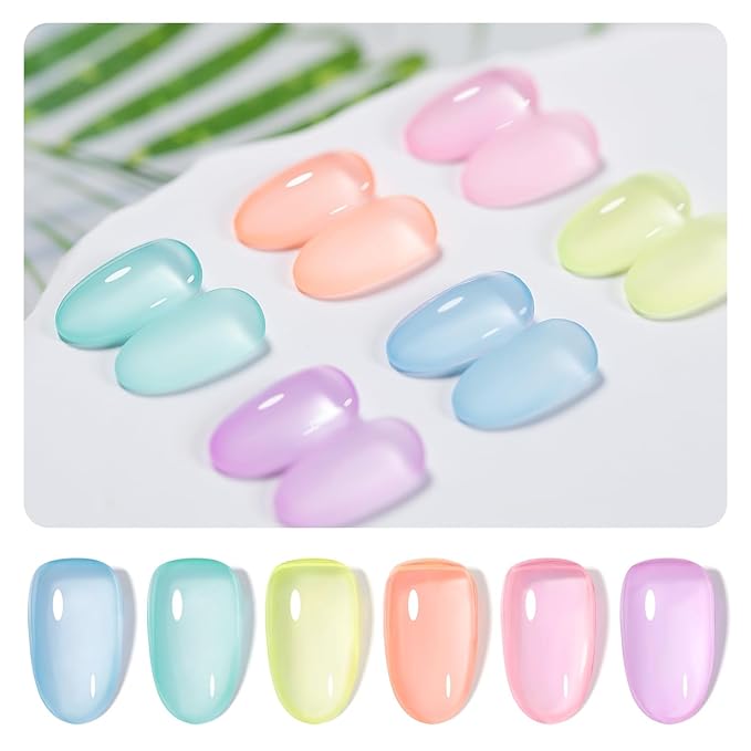 RARJSM Pastel Stained Glass Gel Nail Polish Set 6pcs Clear Orange Yellow Blue Pink Purple Crytal Transparent Jelly Series Sheer Amber Gel Varnish LED UV Curing Requires Spring Easter French Manicure