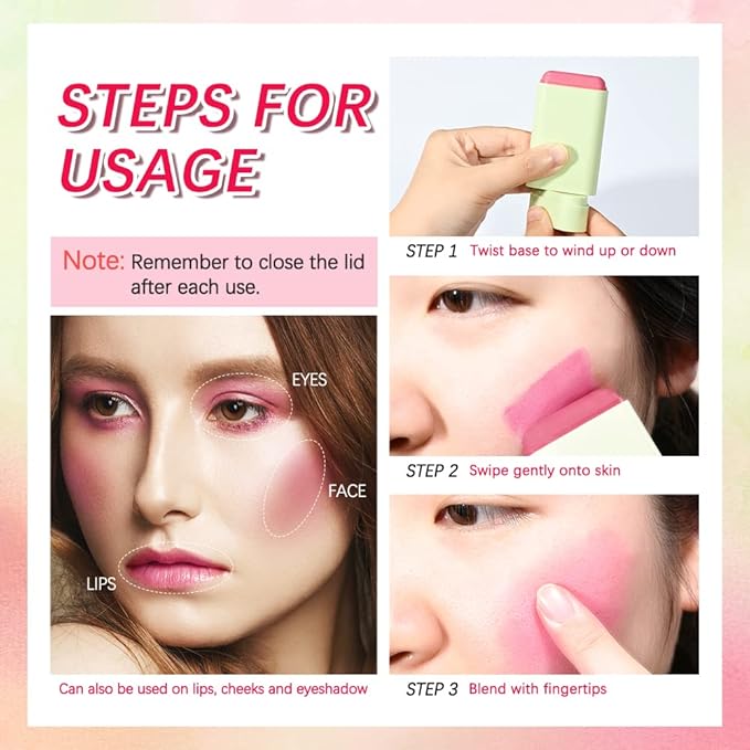 Blush Stick Matte Finish Waterproof Long Lasting Pink Red Cheek Lip Make-up Multi Lip Tint Stick Highlighter High Pigment Rouge Blush for Women Lady Daily Lip Cheek Makeup (2#hot red)