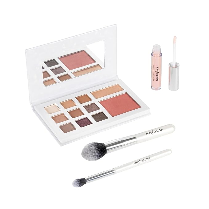 Profusion Cosmetics White Crystals Beauty Box with Makeup Shades, Lip Gloss, and Premium Brushes for Flawless Look, Ideal Gift for Makeup Enthusiasts