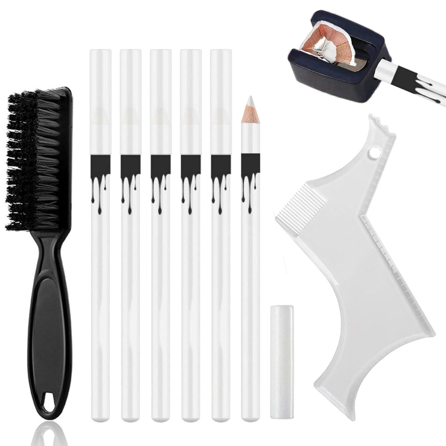 White Barber Pencil Set - Edge Hairline Razor Trace Pencils Beard Guide Beard Hairline and Beard Shaping Pencils,with Sharpener Ruler Brush for Men