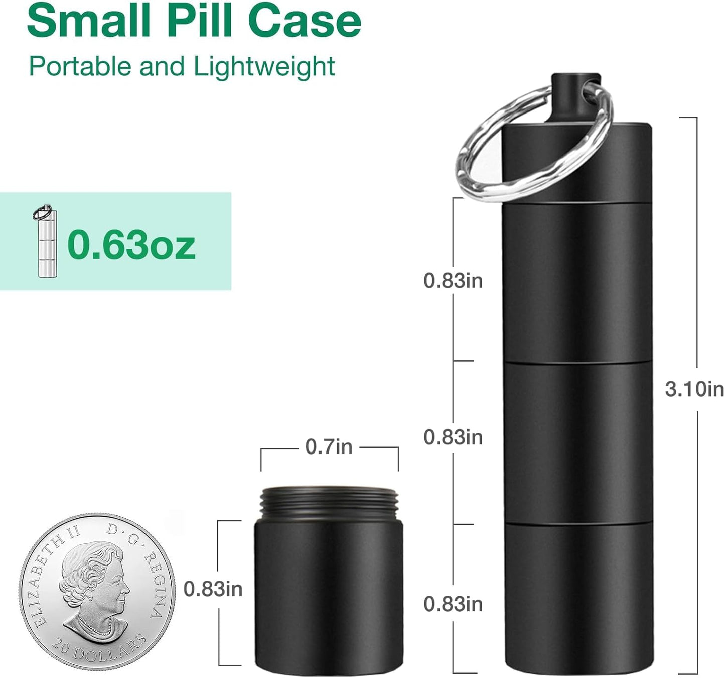 Opret 2 Pack Keychain Pill Holder, 3 Compartments Metal Small Pill Case, Waterproof Portable Travel Pill Box, Pill Container for Purse, Matte Black & Silver