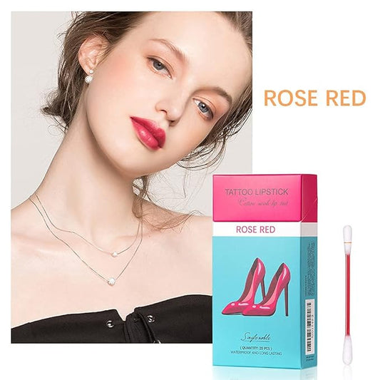 FLIPNEX 20Pcs Cotton Swab Tattoo Lipstick, Tattoo Lipstick Cotton Swab Lip Tint, Waterproof and Long Lasting Liquid Non-Stick Portable Lip Gloss (Rose)