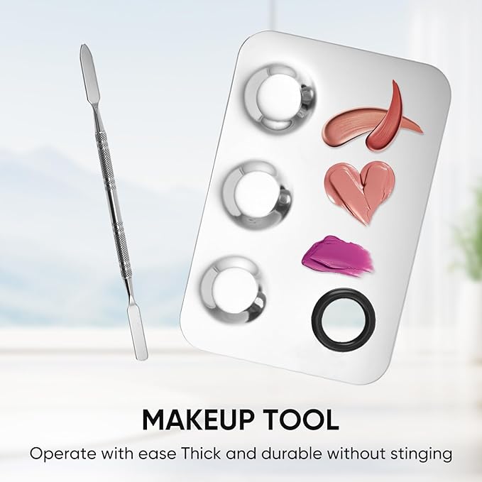 Stainless Steel Cosmetic Palette with Spatula, 3-well Mixing Makeup Palette and 3-dents Nail-art Mixer Metal Tray, also Fine Eyeliner Brush and Powder Puffs .Professional Makeup Palette with Spatula