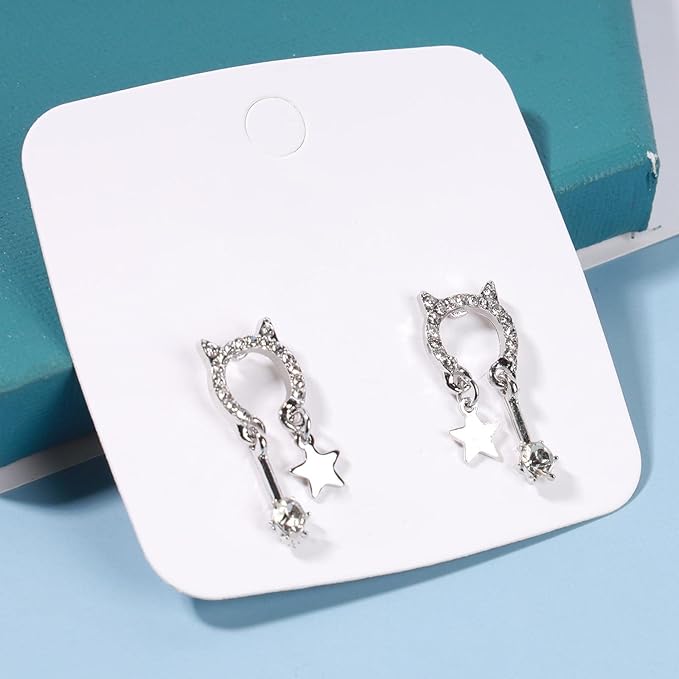Crystal Cat Studs Earrings Silver Crystal Star Dangle Earrings Boho Rhinestone Drop Earrings Natural Inspired Animal Earrings Jewelry for Women and Girls Cat Lover Gifts