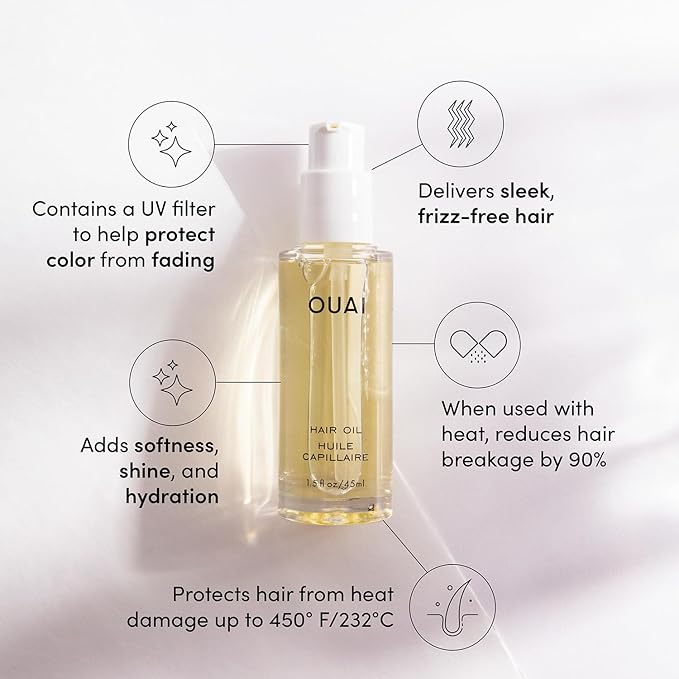 OUAI Hair Oil - Hair Heat Protectant Oil for Frizz Control - Adds Shine and Smooths Split Ends - Color Safe Formula - Paraben, Phthalate and Sulfate Free (1.5 fl oz)
