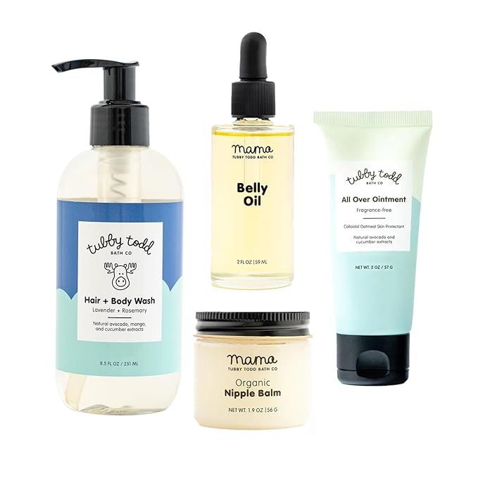 Tubby Todd New Baby & Mom Sensitive Skincare Kit - The Mama + Baby Gift Set - Baby Shampoo and Body Wash, All Over Ointment, Belly Oil & Nipple Balm - Standard Size Lavender Rosemary