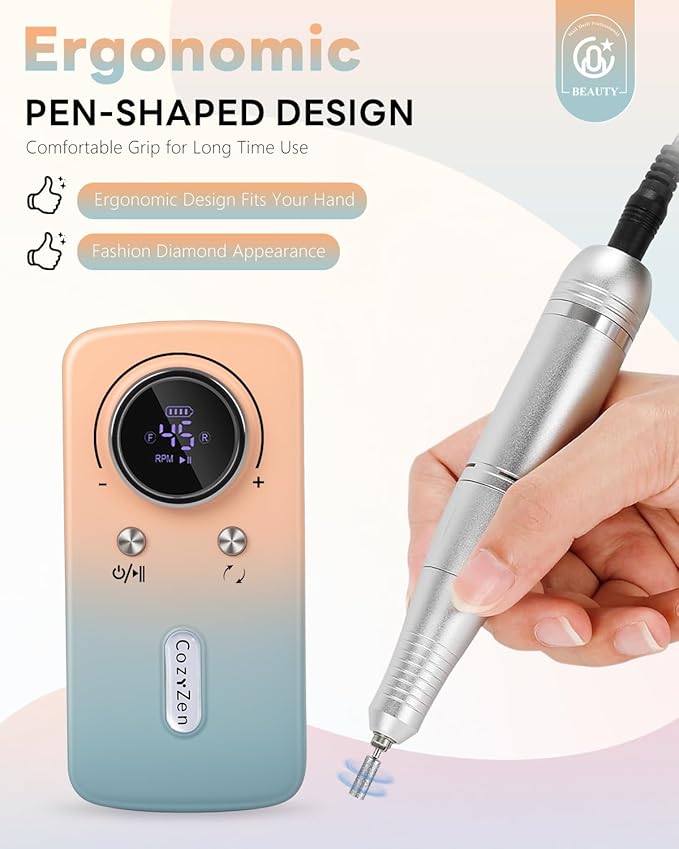 CozyZen Cordless Nail Drill Professional: 45000 RPM Rechargeable Electric Nail File Kit, Portable & Low Noise for Acrylic, Gel Nails, Manicure & Pedicure - Salon & Home Use