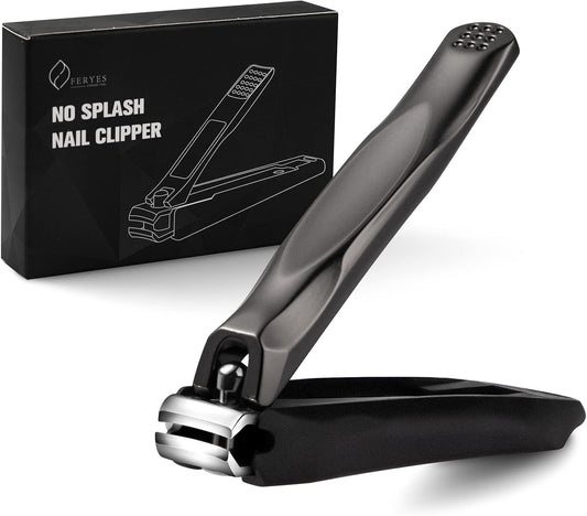 FERYES 3-in-1 Fingernail Clipper with No-Splash Nail Catcher and Metal Storage Box - Toenail Clipper with Nail File for Men & Women - Black