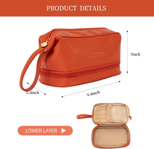 Abiudeng Large Capacity Makeup Bag Ladies Cosmetic Bag Travel Bag with Compartments Portable PU Leather Travel Makeup Bag with Handle