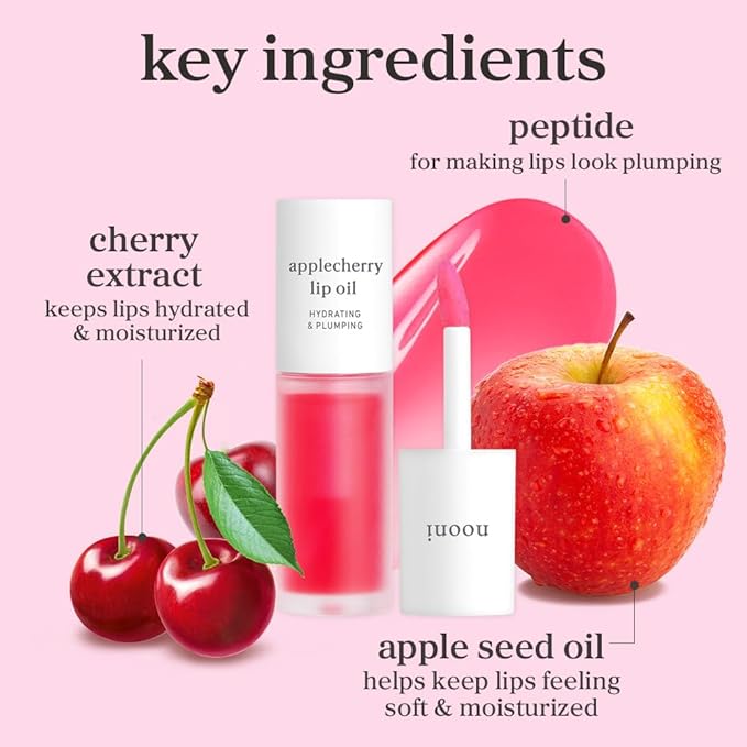 NOONI Korean Lip Oil - Applecherry | Long-Lasting, Moisturizing, Plumping, Revitalizing for Dry Lips, Waterproof, No Peel Off, Hydrating, Nourishing Crystal Clear, 0.12 FL Oz