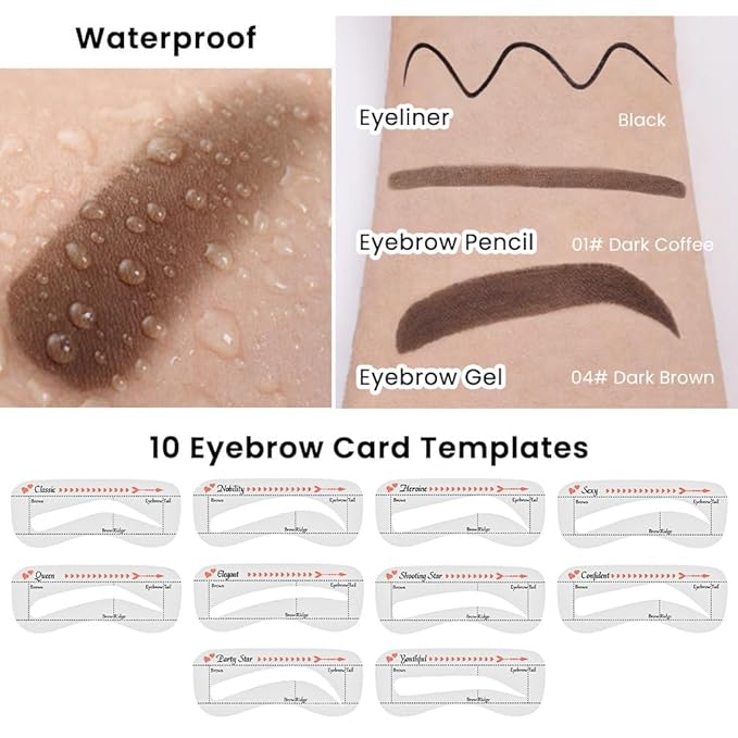evpct Eyebrow Stencils Kit for Women Shaping, Eyebrow Shaper Makeup Kit, Eye Brow Stencil Shaper Tinting kits for Women, with Eyeliner, Eyebrows Pencil, Pomade, Brush and 10 Stencils, Kit04 DARK BROWN