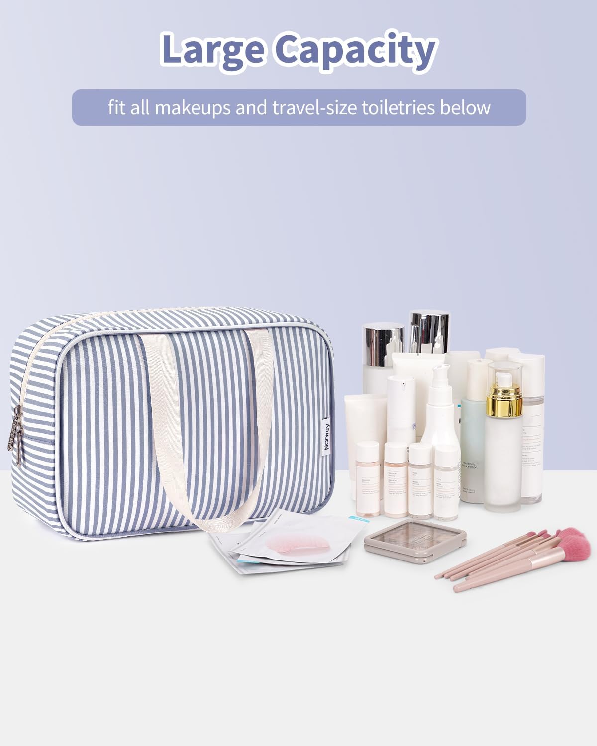 Full Size Toiletry Bag Women Large Cosmetic Bag Travel Makeup Bag Organizer Medicine Bag for Toiletries Essentials Accessories (Greyish Blue Stripe, Large)